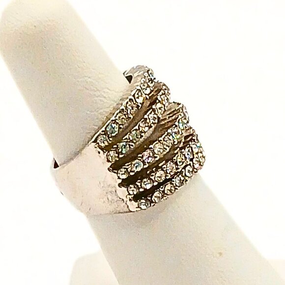 Silver Plated Four Row Pave Cubic Zirconium Encrusted Ring 6 Elegant Formal - Picture 3 of 6